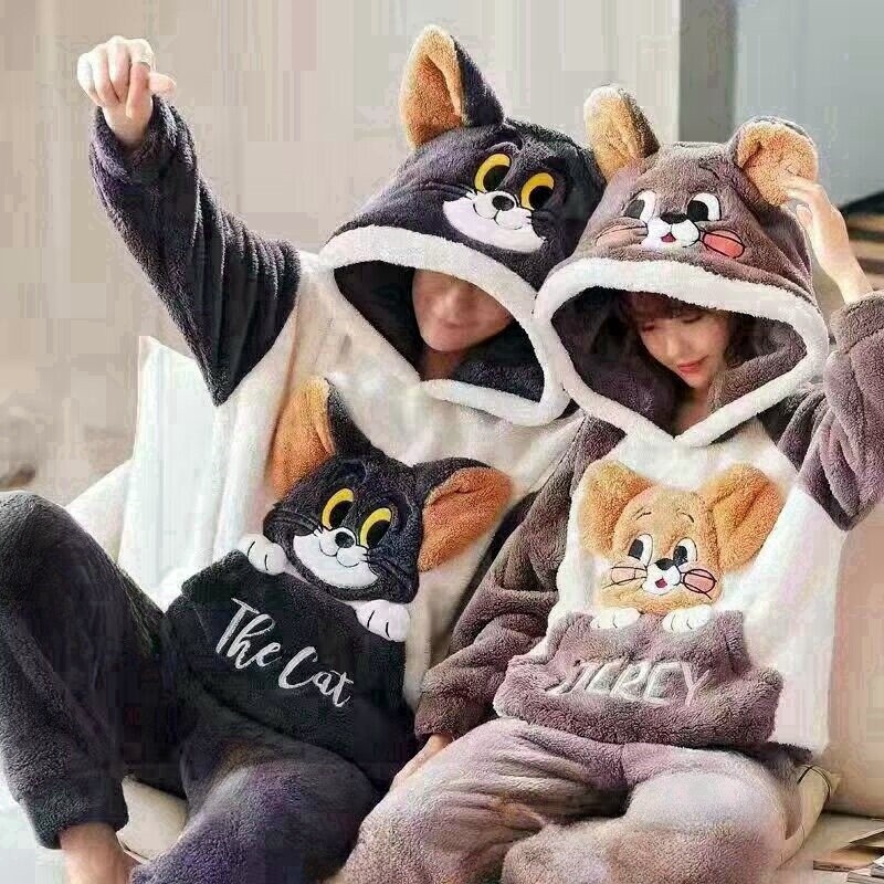 秋冬款情侣睡衣冬季珊瑚绒猫和老鼠加厚加绒男女法兰绒家居服套装