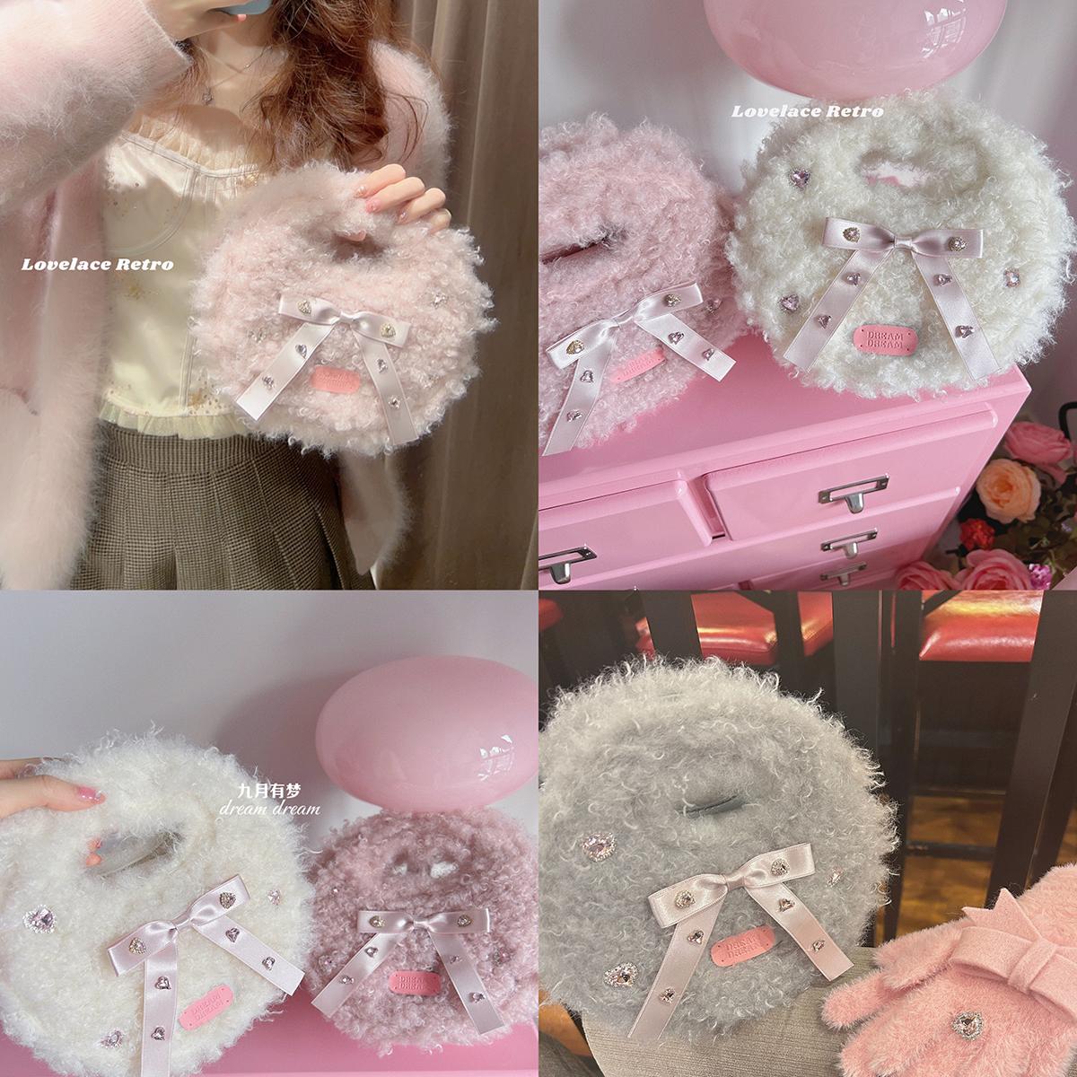 樱花味棉花糖/卷粒绒蝴蝶结手提包少女心甜美毛绒包包可斜挎