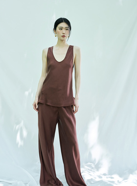 RR2024SS原创设计师品牌重磅铜氨斜裁松紧腰头百搭休闲直筒裤裤