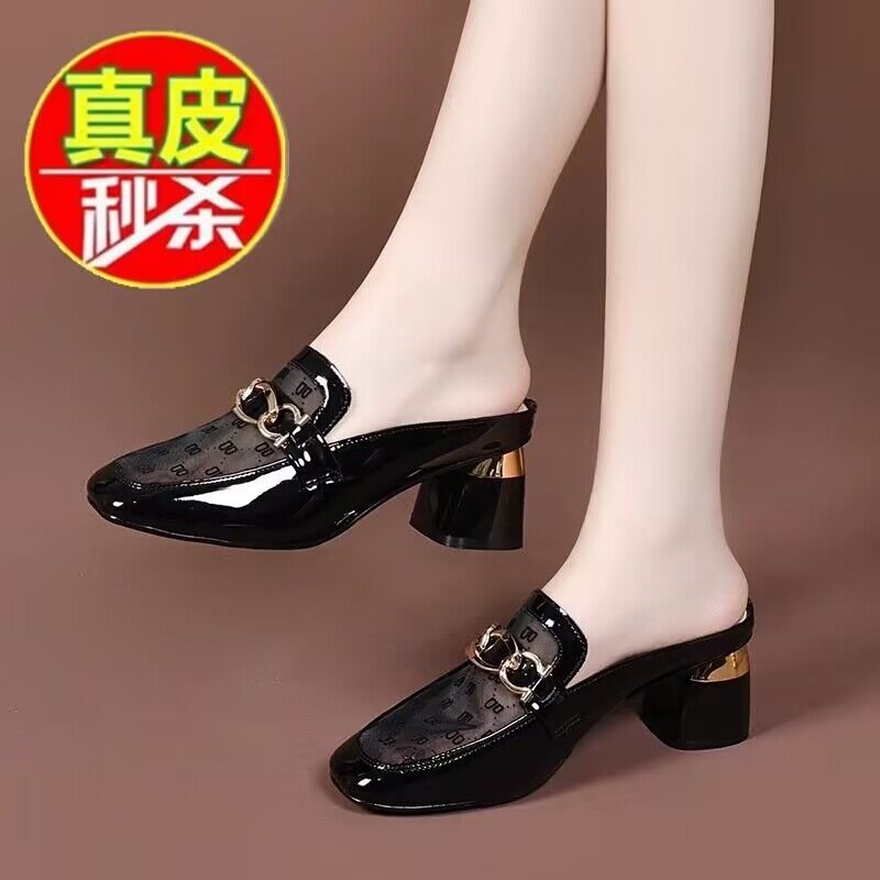 意尔慷网纱半拖鞋女真皮包头2025新款春夏季半托中跟粗跟外穿凉鞋