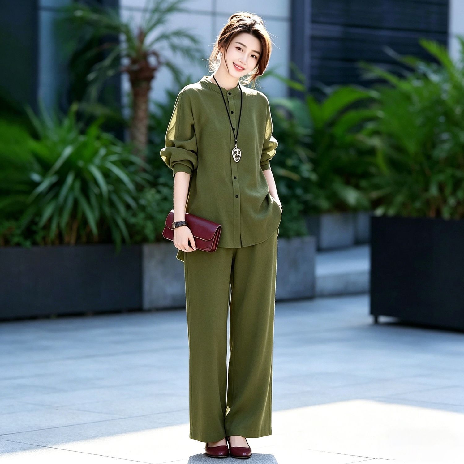 2026年新款复古宽松休闲绿色时尚套装