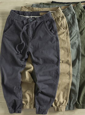 香港潮牌余文乐复古纯棉秋冬厚实工装休闲裤男束脚裤宽松帆布裤子