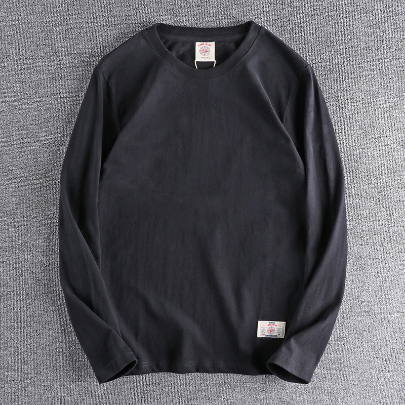 代购香港潮男春秋简约复古纯棉磨毛圆领长袖T恤男纯色休闲打底衫