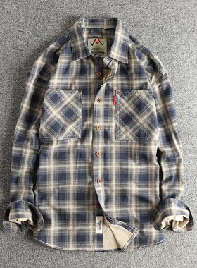 秋季新品日式复古工装经典格子男士长袖衬衫梭织全棉水洗衬衣外套