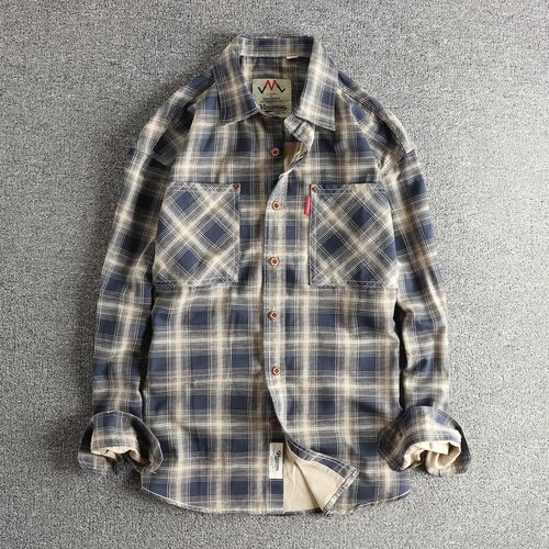 日式复古潮流工装长袖格子衬衫男