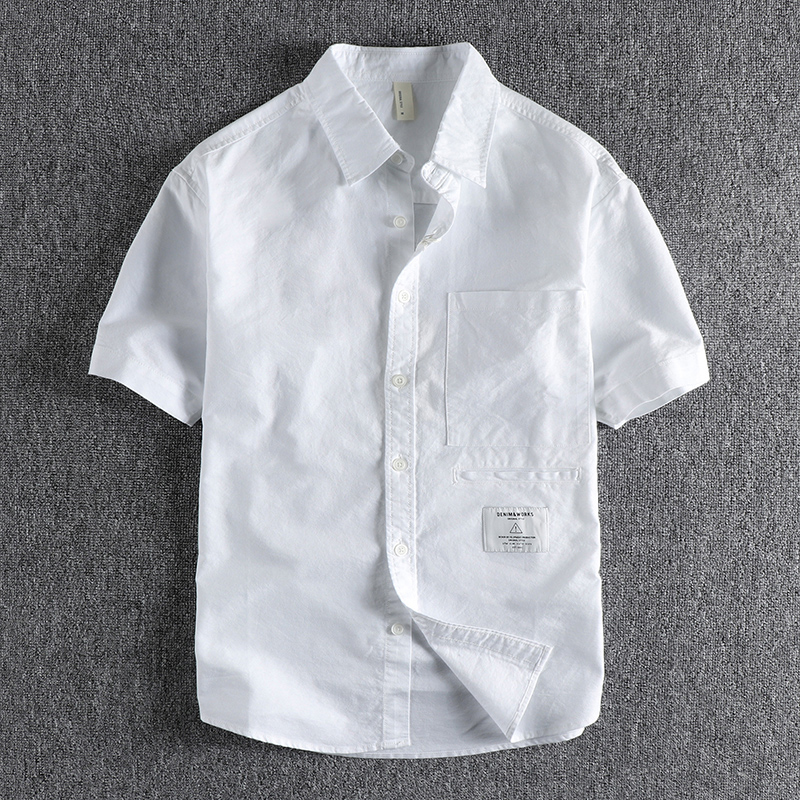 清新复古潮流口袋装饰短袖衬衫