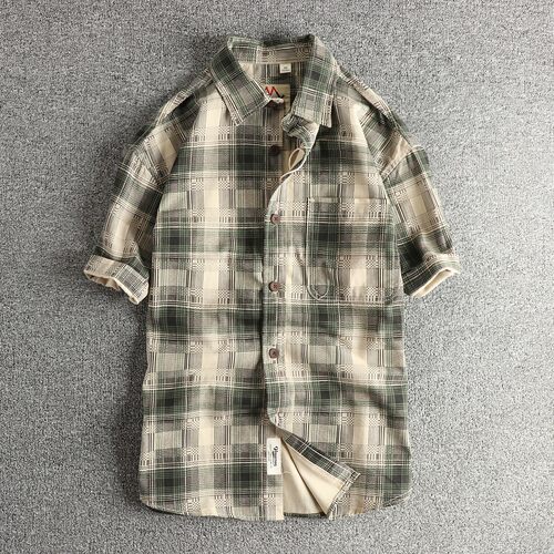 日式复古经典格子水洗做旧衬衫男