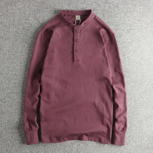 香港代购重磅精梳棉水洗亨利领长袖T恤男 美式复古潮流秋季打底衫