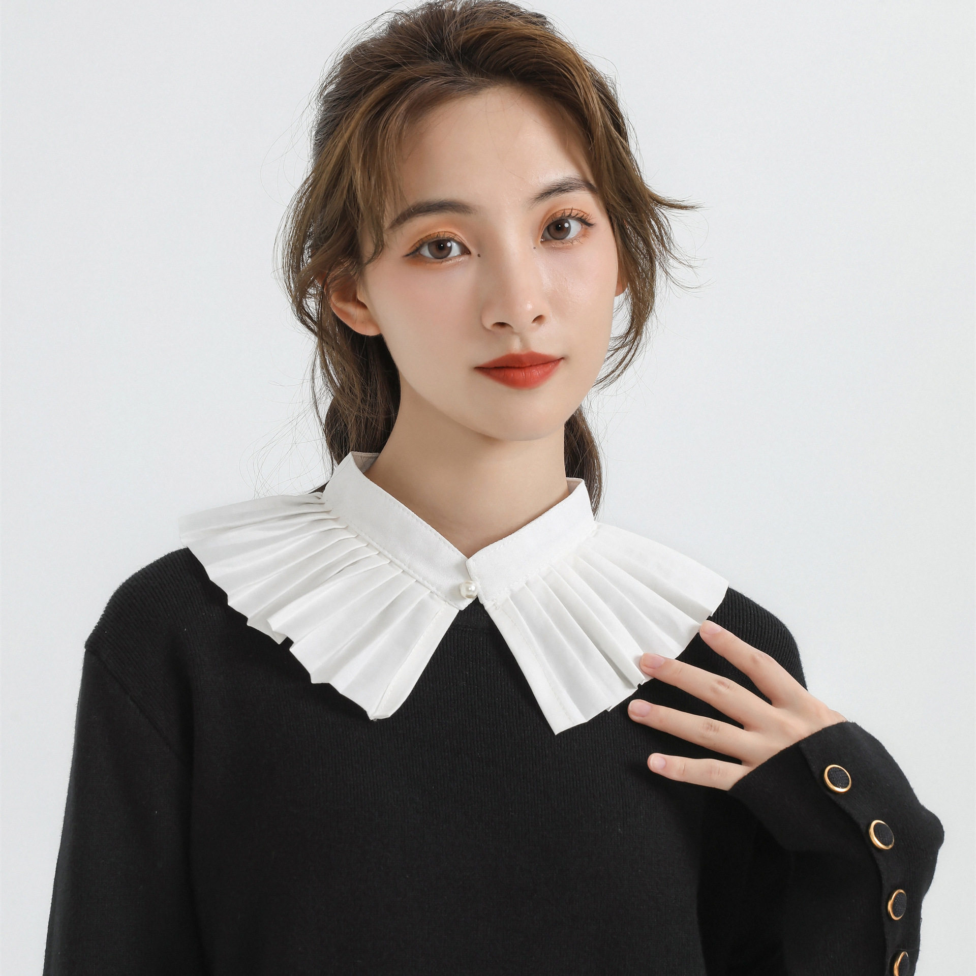 单独衬衫领子假领子女百搭系带小披肩假衬衣领百褶装饰领立领棉