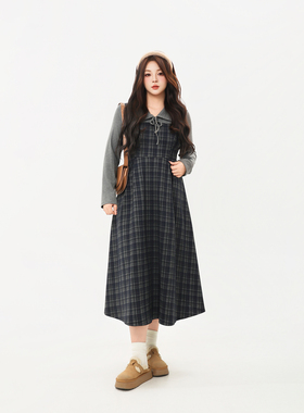 120斤的大杨 大码胖mm格子拼接连衣裙秋冬气质收腰a字毛呢长裙女
