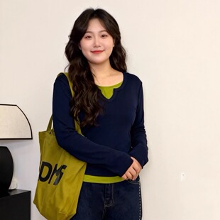 120斤的大杨 大码微胖撞色假两件长袖上衣秋冬收腰显瘦打底衫t恤