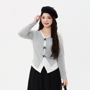 上衣v领正肩显瘦针织衫 120斤 女秋蝴蝶结假两件长袖 大码 t恤 大杨