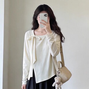 显瘦正肩圆领打底上衣女早春 胖mm绑带不规则t恤长袖 120斤 大杨