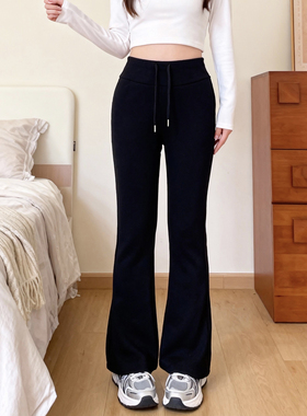 120斤的大杨 小个子胖MM大码微喇裤女冬加绒加厚米白色糯米休闲裤