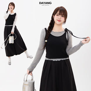 T恤 吊带叠穿两件套女秋显瘦正肩上衣甜美长袖 120斤 大杨胖MM大码