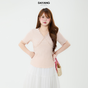 t恤女夏小个子显瘦高级正肩上衣 胖mm蕾丝花边v领短袖 120斤 大杨