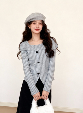 120斤的大杨 微胖mm法式方领蝴蝶结长袖针织上衣收腰显瘦秋冬内搭