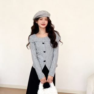 120斤的大杨 微胖mm法式方领蝴蝶结长袖针织上衣收腰显瘦秋冬内搭