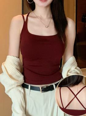 吊带背心女交叉美背一体背心带胸垫外穿内搭显瘦上衣收副乳方领