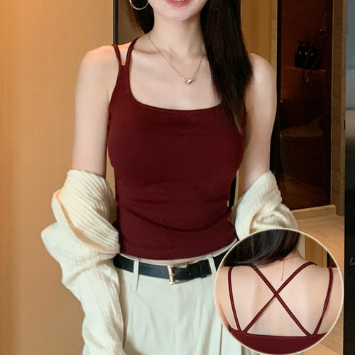 交叉美背吊带背心免穿内衣带胸垫