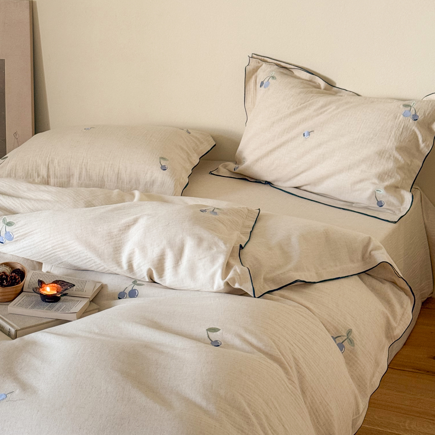 简约侘寂风棉麻密拷边蓝莓四件套