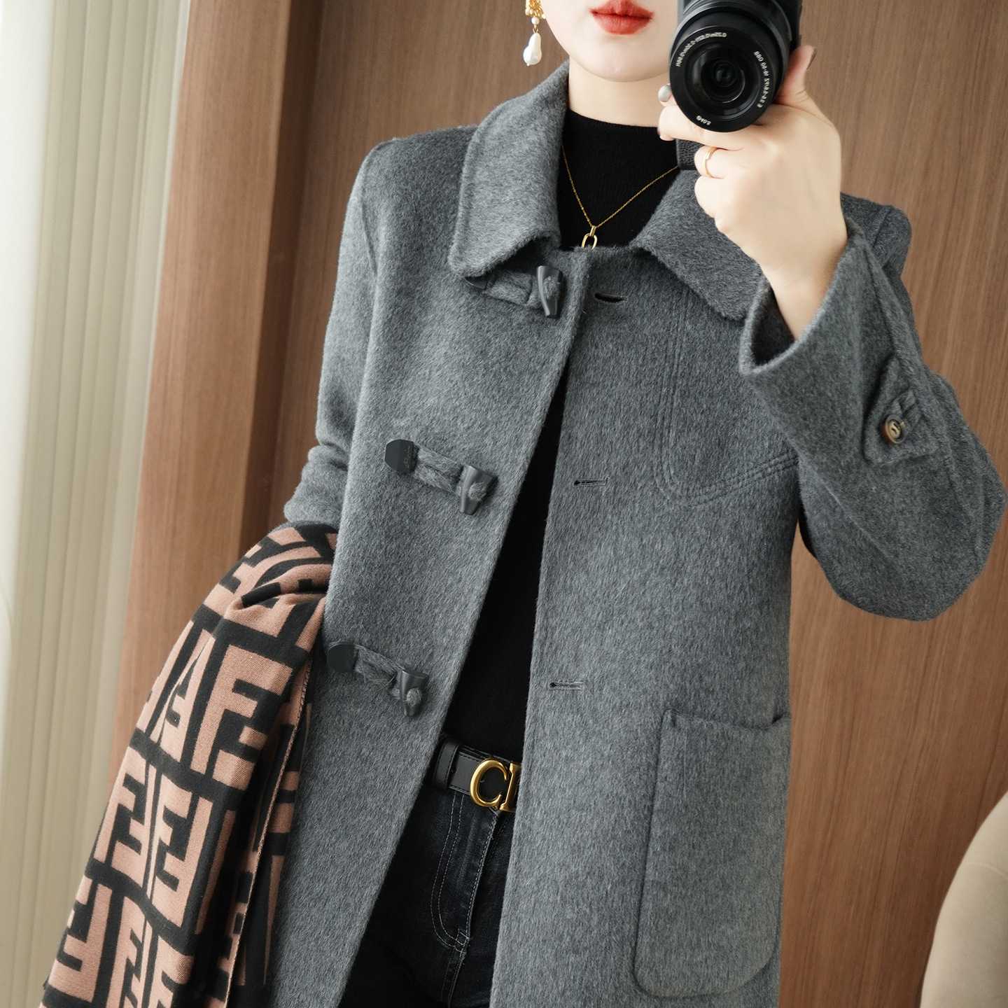 双面羊毛大衣女中长款小个子秋冬新款中年妈妈装娃娃领毛呢外套