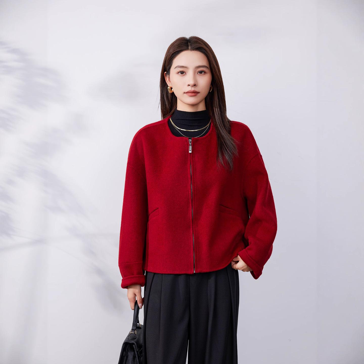 秋冬新款圆领拉链双面羊毛大衣女休闲减龄外套针织衫短款毛呢外套