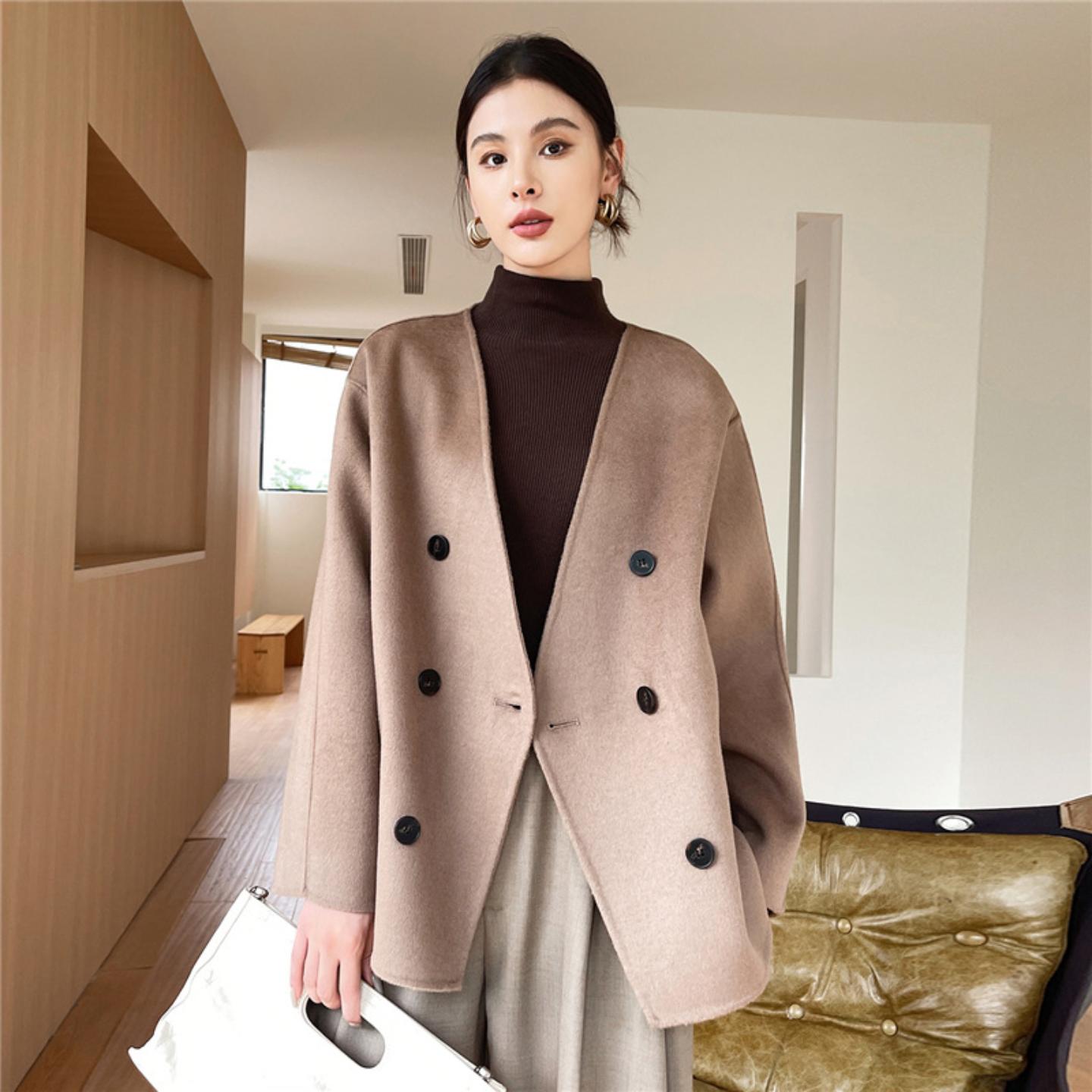 26秋冬100%纯羊毛双面呢大衣女V领轻奢宽松保暖透气亲肤毛呢外套