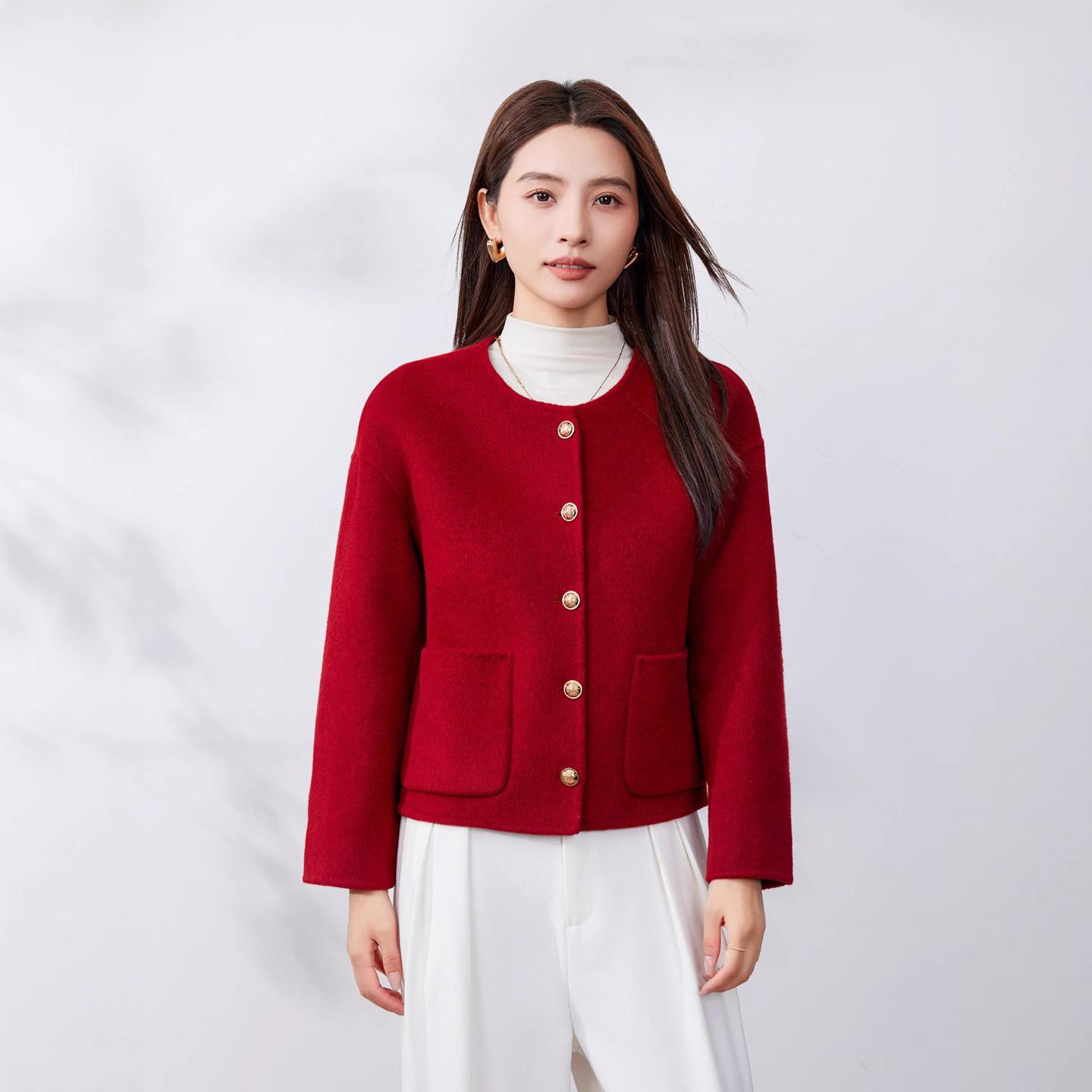 高级感羊毛秋冬毛呢外套女新款小个子圆领2026小香风短款外套大衣