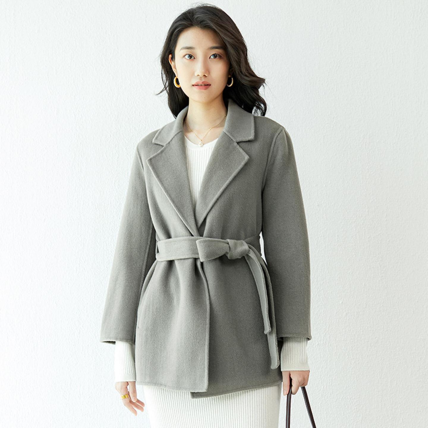秋冬新款双面羊毛大衣女时尚修身通勤100％羊毛呢西服小个子外套