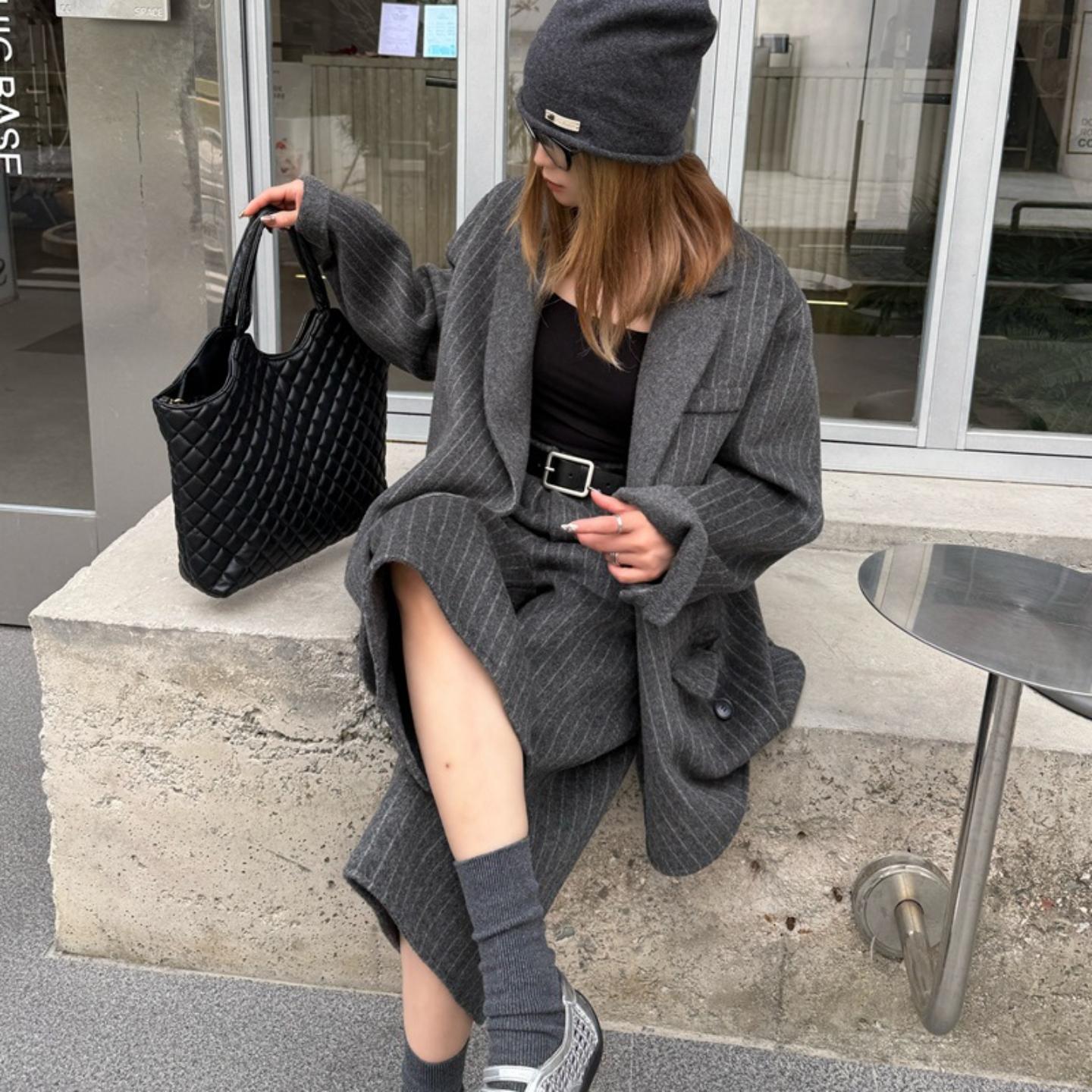 超有调性~高级感七分裤100羊毛条纹毛呢大衣女西装领时髦职场外套