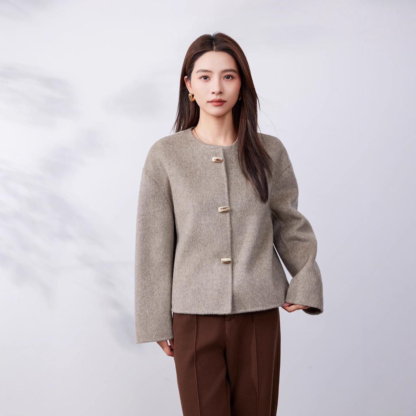新年红色外套双面羊毛大衣女短款小个子2026新款小香风毛呢外套