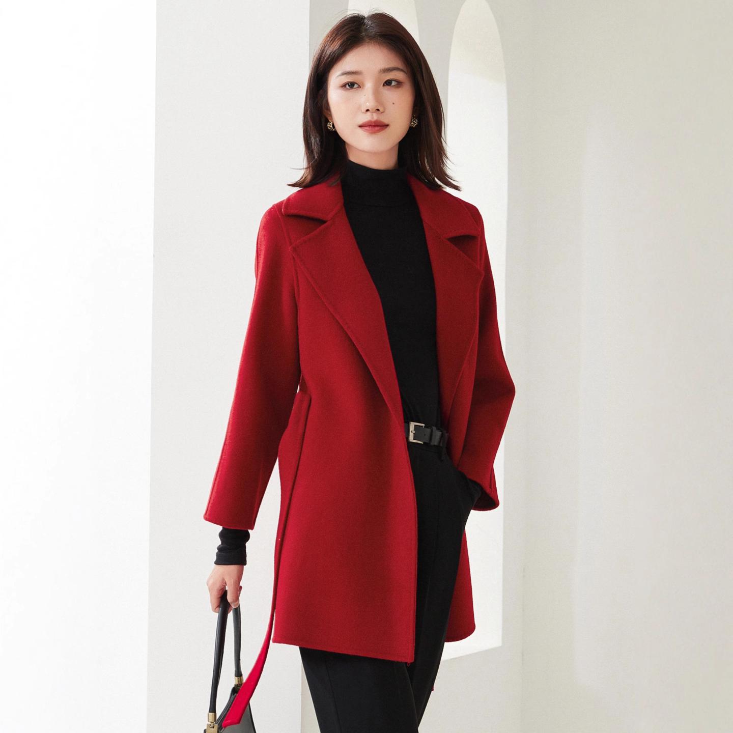 2026年秋冬新款100%纯羊毛大衣系带中长款双面呢外套女修身小个子