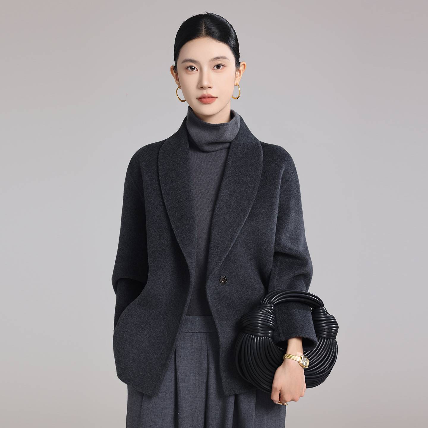 2026秋冬新款纯手工双面呢羊毛毛呢外套女小个子青果领10羊绒大衣