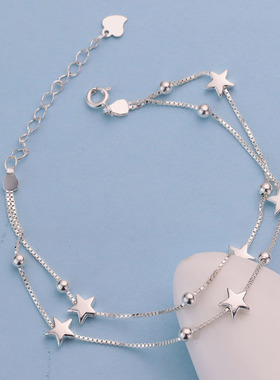 深圳旭佳足银990双层星星手链女百搭小众韩版个性学生手饰星辰