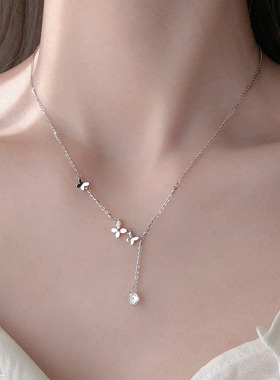 深圳旭佳新款S925纯银项链女百搭小众韩版可调节流苏蝴蝶结锁骨