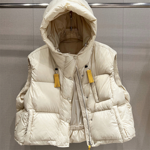 流苏连帽羽绒服马甲女宽松2024新款秋冬装白鸭绒保暖坎肩背心外套