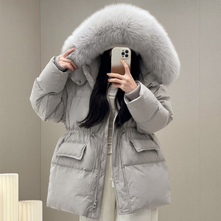 狐狸毛超大毛领收腰羽绒服女中长款2025新款韩版加厚90白鸭绒外套