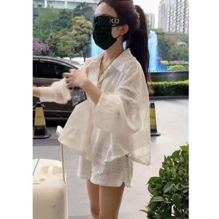 百搭蕾丝显瘦薄款 格子防晒长袖 新款 POLO领衬衫 洋气外套 2025夏季
