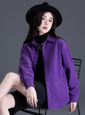 复古港风灯芯绒衬衫条绒衬衣高级感秋冬季2025年新款长袖上衣紫色
