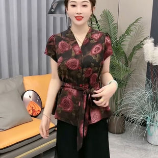 法式 V領上衣2025夏季 新款 氣質百搭收腰顯瘦襯衣 復古印花綁帶半袖