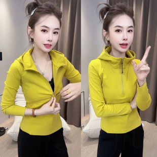 半拉链连帽长袖T恤女2026秋装新款修身显瘦卫衣洋气短款正肩上衣