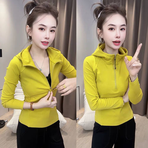 半拉链连帽长袖T恤女2025秋装新款修身显瘦卫衣洋气短款正肩上衣