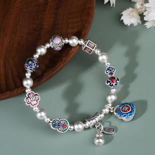 足银999纯银招财葫芦手链女 珐琅彩古法银如意平安喜乐手串礼物