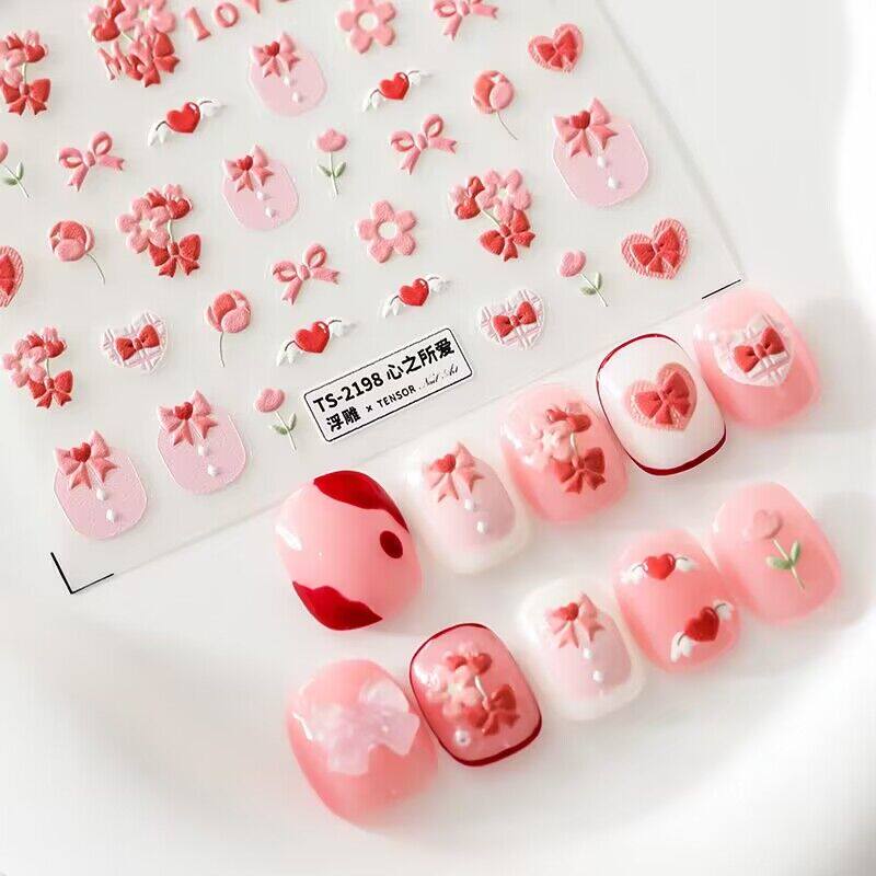 粉红小花蝴蝶结可爱少女指甲贴纸