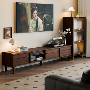 家逸实木电视柜现代简约落地储物柜中古风小户型客厅家用电视机柜