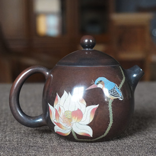 红河建水紫陶黑色无釉磨光亮王时君名家纯手工作品彩填龙旦泡茶壶