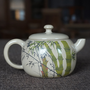 云南建水紫陶白泥亮光王时君名家全手工作品彩填大口新中式泡茶壶