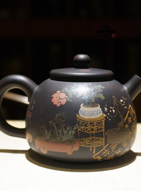 建水紫陶著名家徐长文红泥阴刻阳彩填孔凡庚堆锦堂哑光黑色泡茶壶