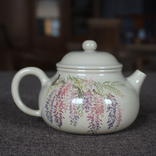 云南建水紫陶白泥亮光王时君名家全手工作品彩填容天仿复古泡茶壶